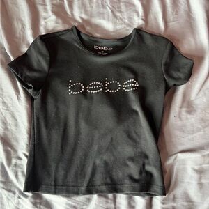 bebe Black Rhinestone Logo Cropped Tee